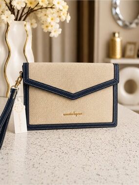 Canvas Envelope Wristlet in Beige and Navy by